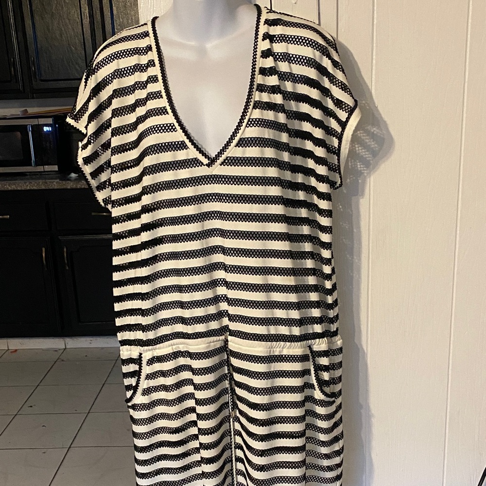 Black and White Striped V-Neck Dress